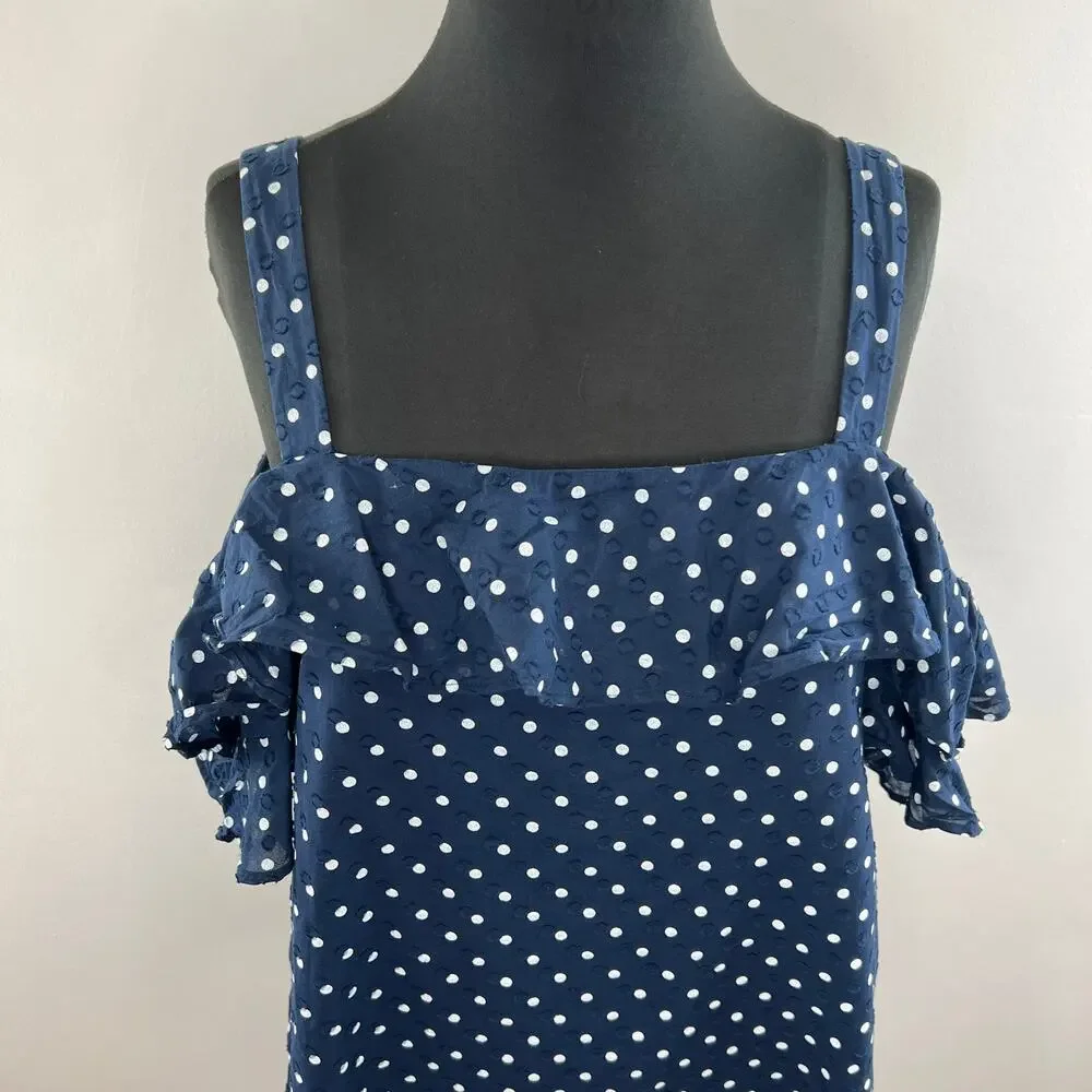 J. Crew Navy Polka-Dot Cotton Square Neck Flounce Cold Shoulder Blouse Size 14